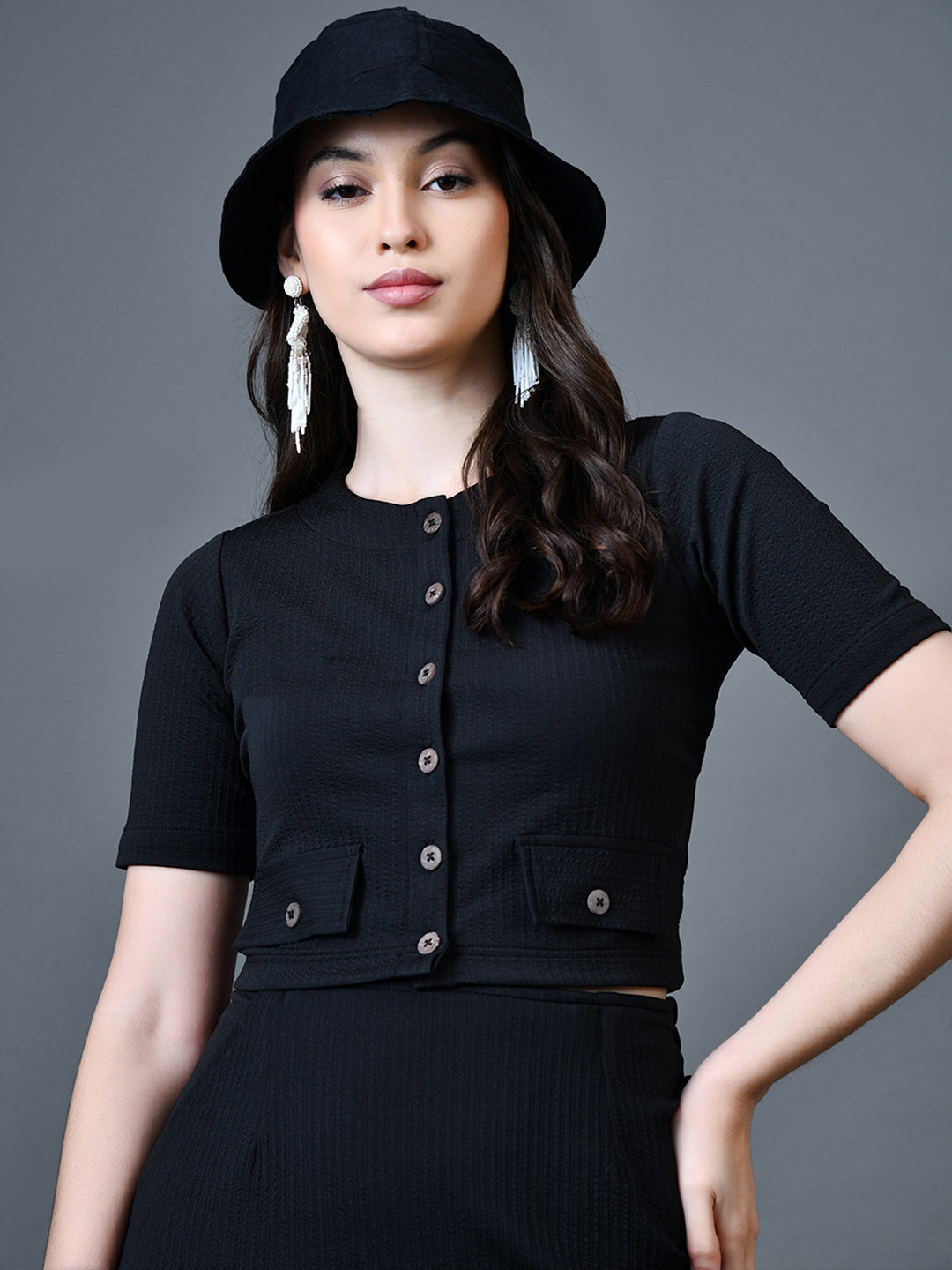 Myshka Women Black Polyester A-Line Round Neck Solid Knee Length Short Sleeves Co-Ords