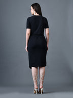 Myshka Women Black Polyester A-Line Round Neck Solid Knee Length Short Sleeves Co-Ords