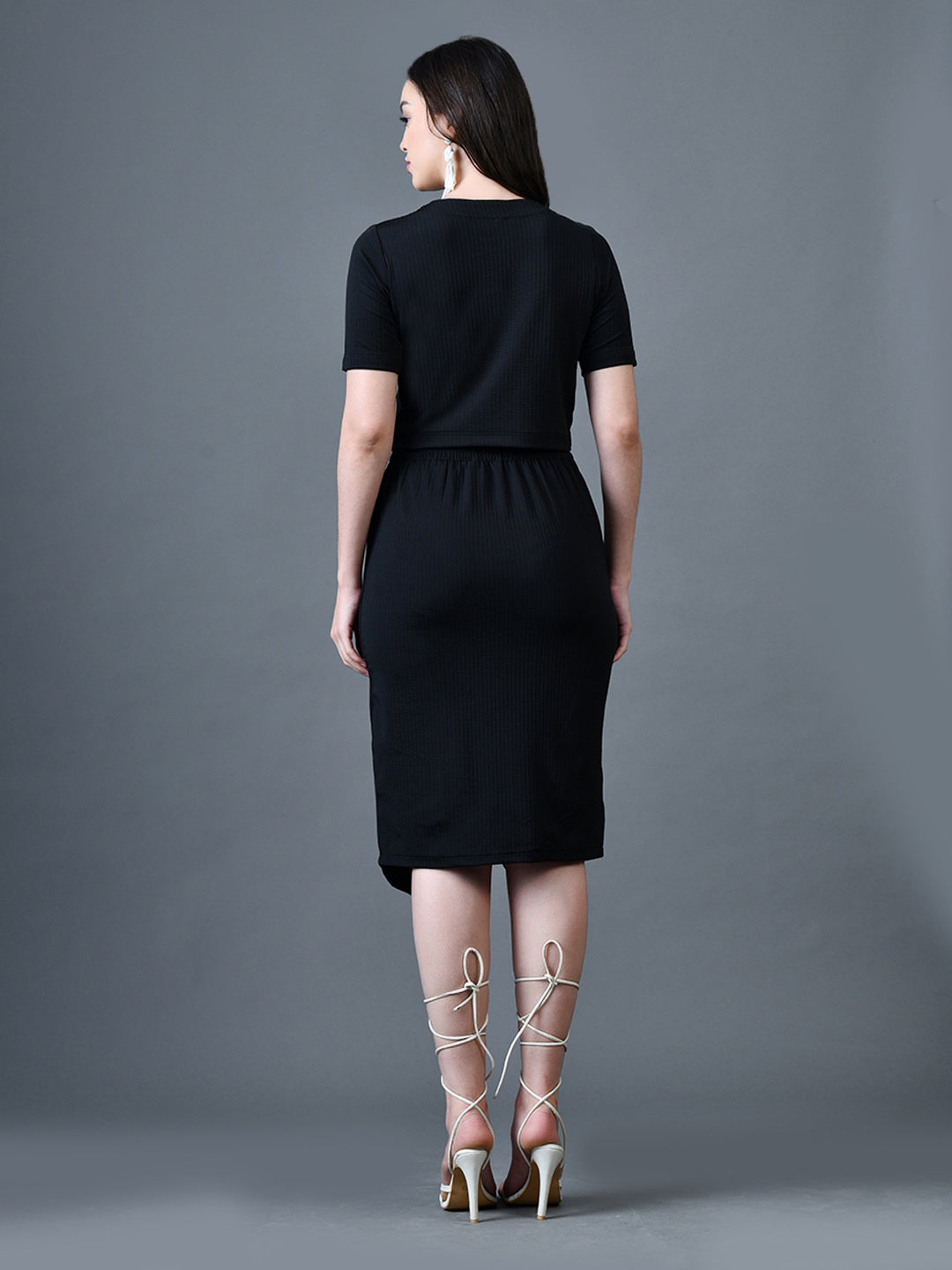 Myshka Women Black Polyester A-Line Round Neck Solid Knee Length Short Sleeves Co-Ords