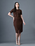 Myshka Women Brown Polyester A-Line Round Neck Solid Knee Length Short Sleeves Co-Ords