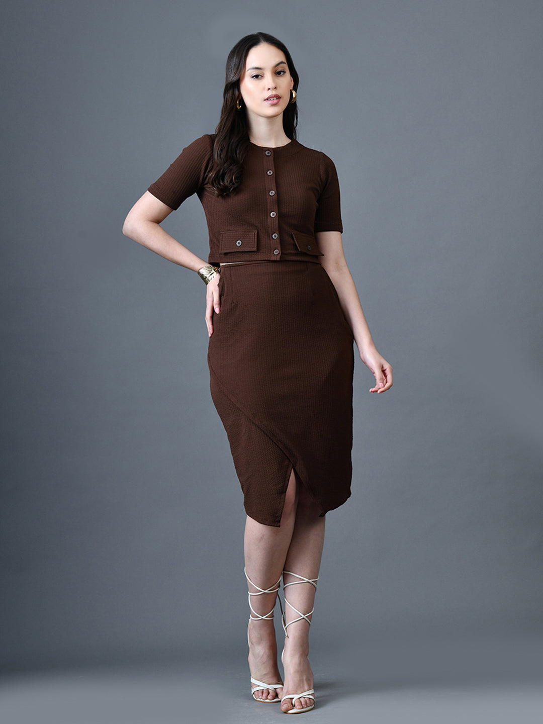 Myshka Women Brown Polyester A-Line Round Neck Solid Knee Length Short Sleeves Co-Ords