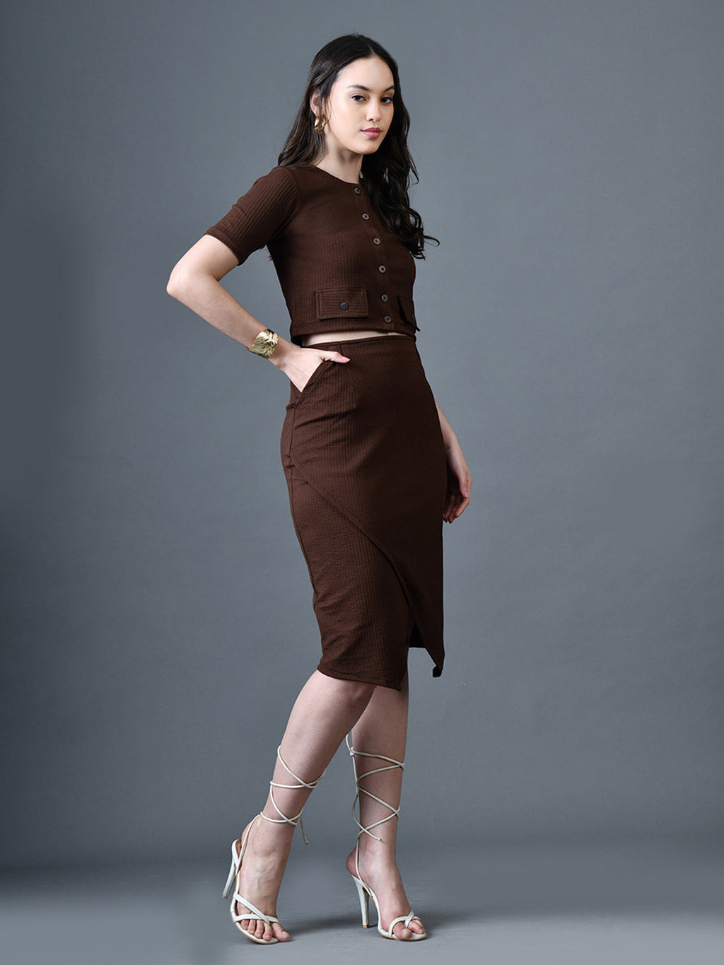 Myshka Women Brown Polyester A-Line Round Neck Solid Knee Length Short Sleeves Co-Ords