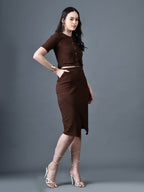 Myshka Women Brown Polyester A-Line Round Neck Solid Knee Length Short Sleeves Co-Ords