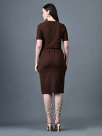 Myshka Women Brown Polyester A-Line Round Neck Solid Knee Length Short Sleeves Co-Ords