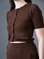 Myshka Women Brown Polyester A-Line Round Neck Solid Knee Length Short Sleeves Co-Ords