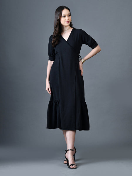 Myshka Women Black Polyester A-Line V-Neck Solid Knee Length Short Sleeves Dresses