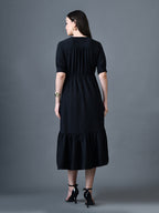 Myshka Women Black Polyester A-Line V-Neck Solid Knee Length Short Sleeves Dresses - Distacart