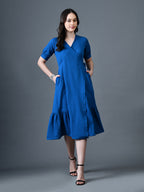 Myshka Women Blue Polyester A-Line V-Neck Solid Knee Length Short Sleeves Dresses - Distacart