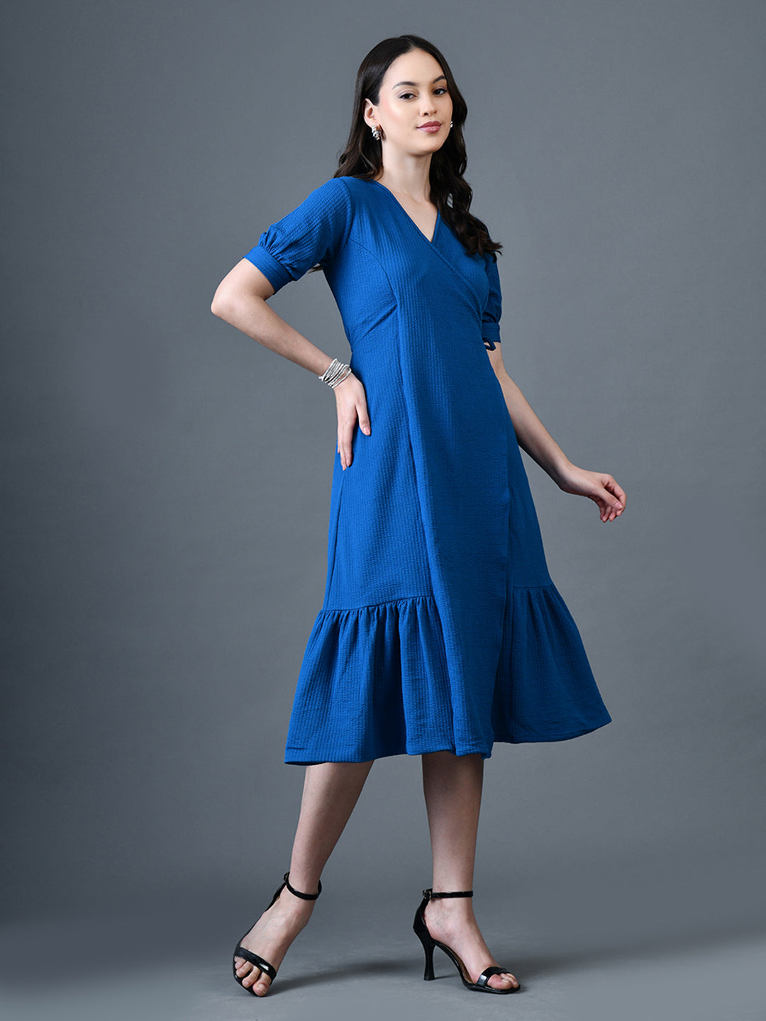Myshka Women Blue Polyester A-Line V-Neck Solid Knee Length Short Sleeves Dresses - Distacart