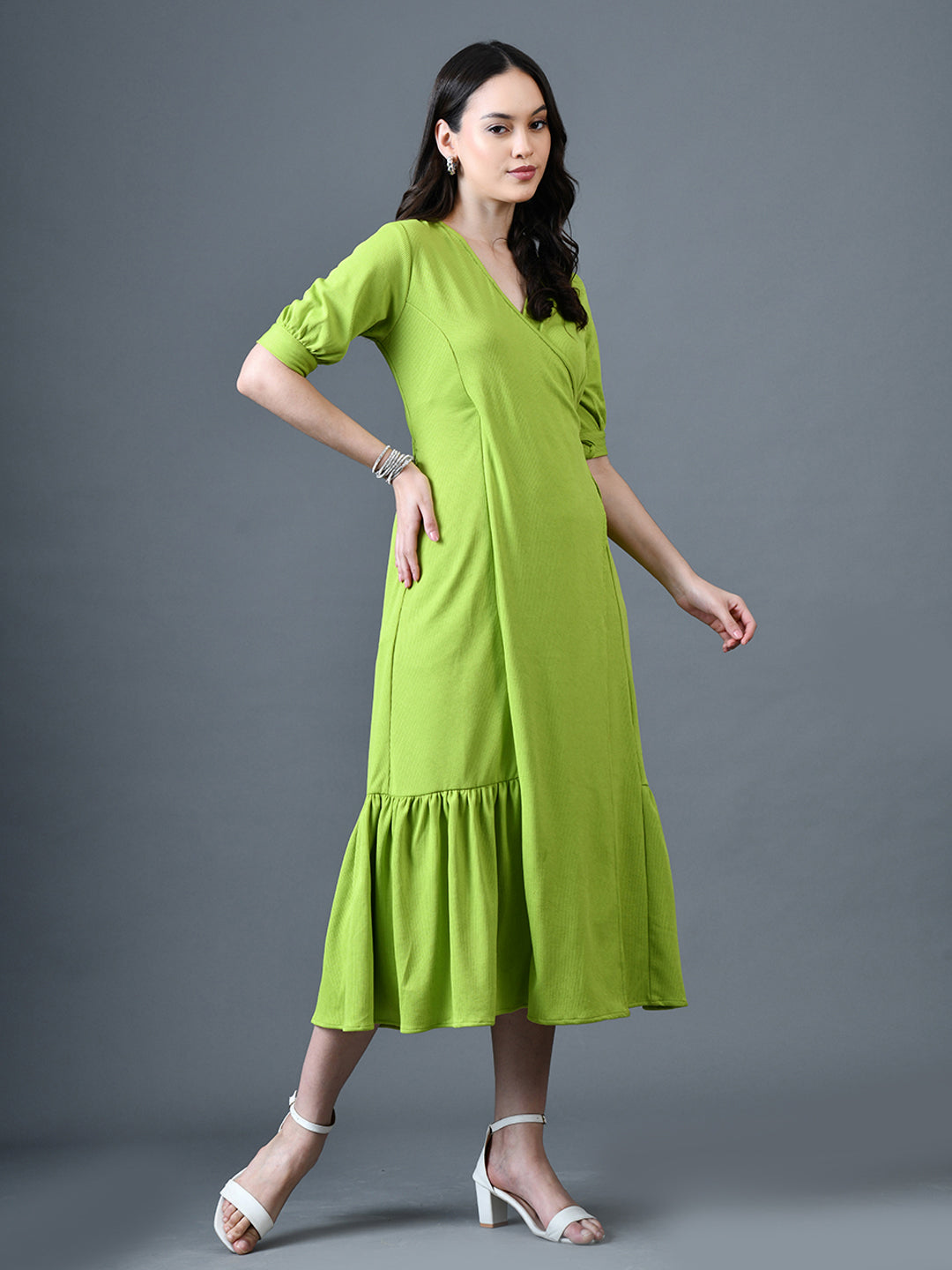 Myshka Women Sea Green Polyester A-Line V-Neck Solid Knee Length Short Sleeves Dresses - Distacart