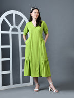 Myshka Women Sea Green Polyester A-Line V-Neck Solid Knee Length Short Sleeves Dresses - Distacart