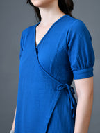 Myshka Women Blue Polyester A-Line V-Neck Solid Knee Length Short Sleeves Dresses - Distacart