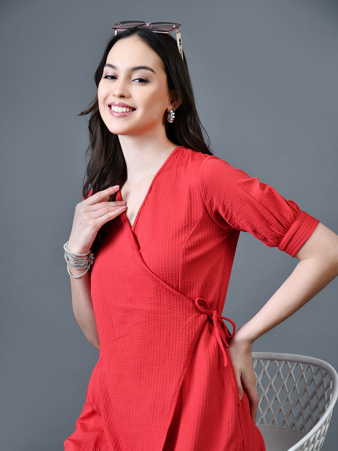 Myshka Women Red Polyester A-Line V-Neck Solid Knee Length Short Sleeves Dresses - Distacart