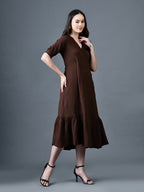 Myshka Women Brown Polyester A-Line V-Neck Solid Knee Length Short Sleeves Dresses - Distacart