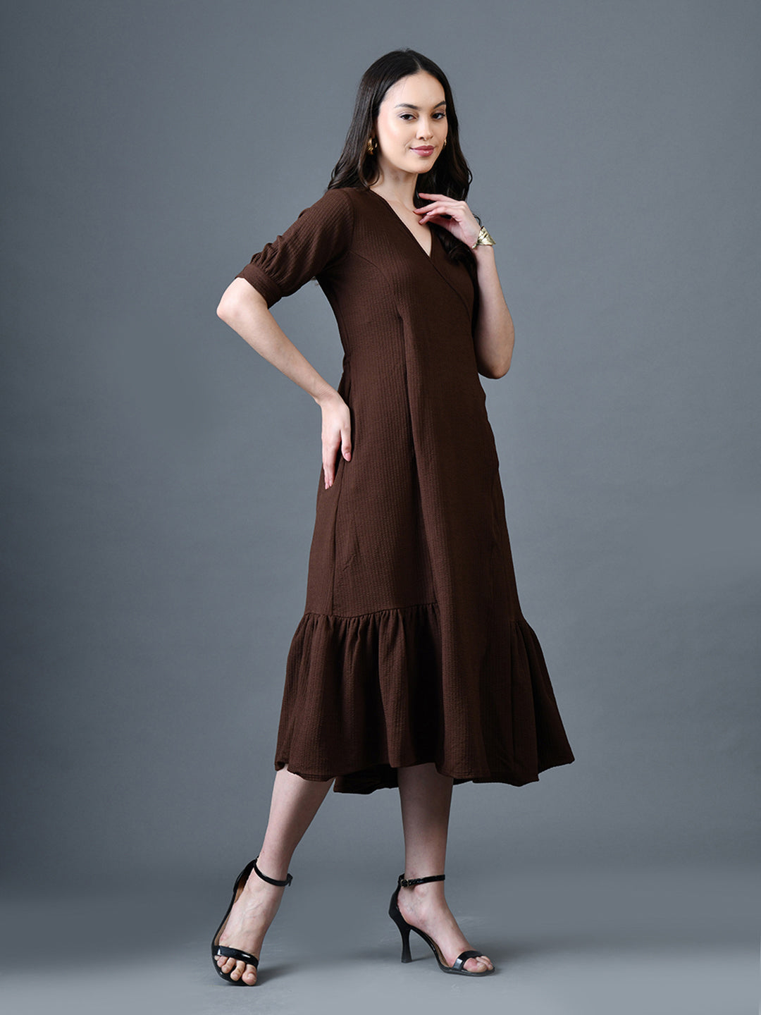 Myshka Women Brown Polyester A-Line V-Neck Solid Knee Length Short Sleeves Dresses - Distacart