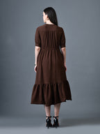 Myshka Women Brown Polyester A-Line V-Neck Solid Knee Length Short Sleeves Dresses - Distacart