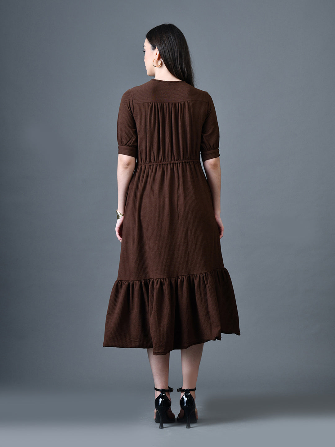 Myshka Women Brown Polyester A-Line V-Neck Solid Knee Length Short Sleeves Dresses - Distacart