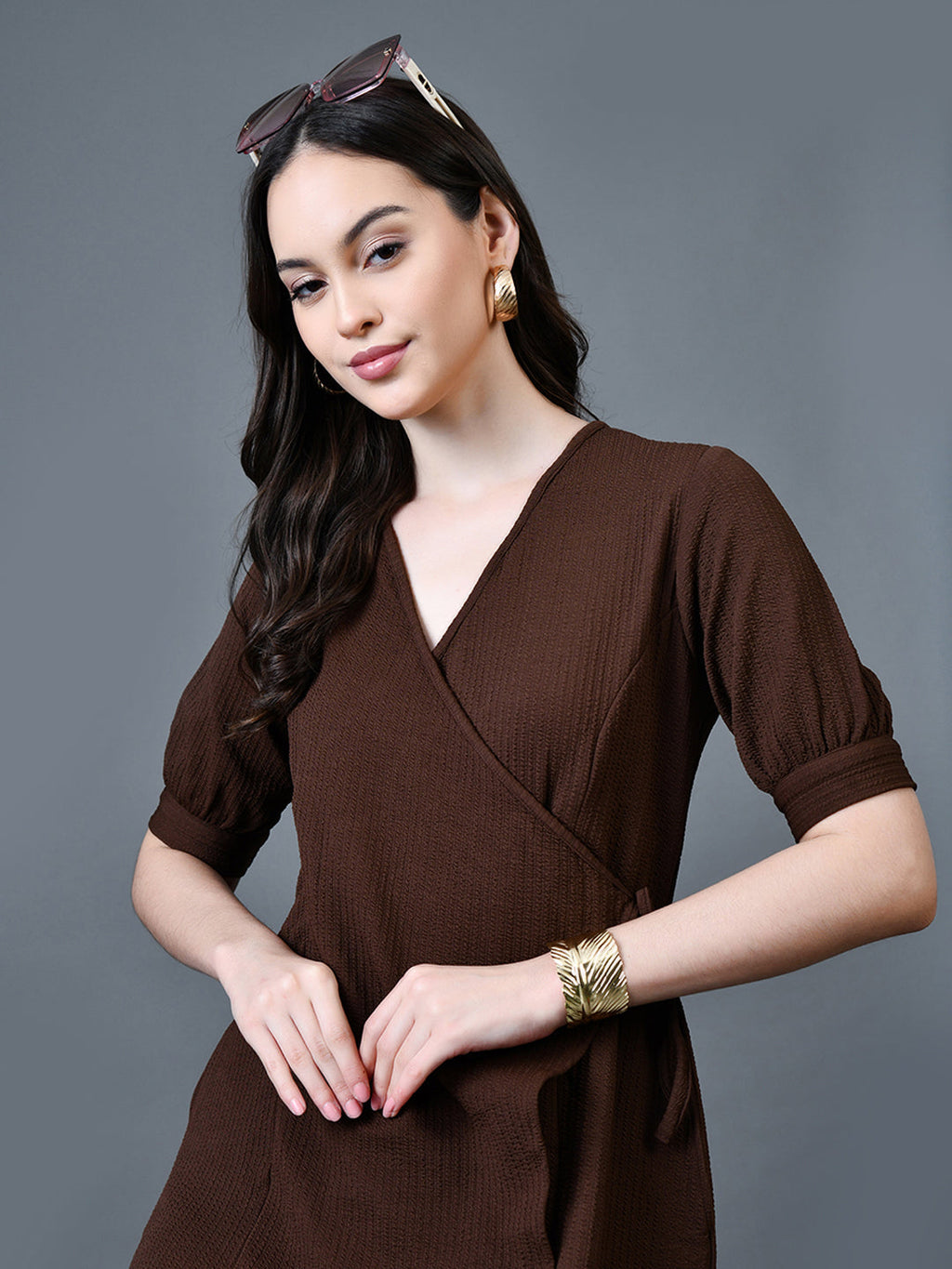 Myshka Women Brown Polyester A-Line V-Neck Solid Knee Length Short Sleeves Dresses - Distacart
