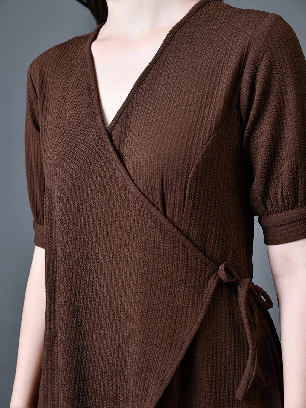 Myshka Women Brown Polyester A-Line V-Neck Solid Knee Length Short Sleeves Dresses - Distacart
