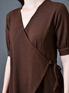 Myshka Women Brown Polyester A-Line V-Neck Solid Knee Length Short Sleeves Dresses - Distacart