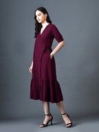 Myshka Women Magenta Polyester A-Line V-Neck Solid Knee Length Short Sleeves Dresses - Distacart