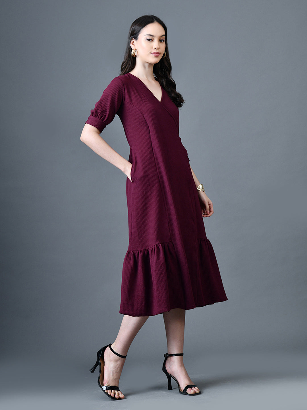 Myshka Women Magenta Polyester A-Line V-Neck Solid Knee Length Short Sleeves Dresses - Distacart