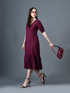 Myshka Women Magenta Polyester A-Line V-Neck Solid Knee Length Short Sleeves Dresses - Distacart