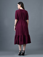 Myshka Women Magenta Polyester A-Line V-Neck Solid Knee Length Short Sleeves Dresses - Distacart