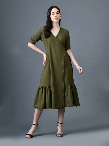 Myshka Women Olive Polyester A-Line V-Neck Solid Knee Length Short Sleeves Dresses