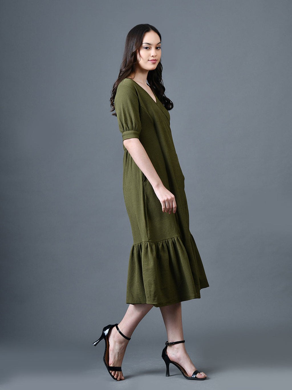 Myshka Women Olive Polyester A-Line V-Neck Solid Knee Length Short Sleeves Dresses - Distacart