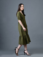 Myshka Women Olive Polyester A-Line V-Neck Solid Knee Length Short Sleeves Dresses - Distacart
