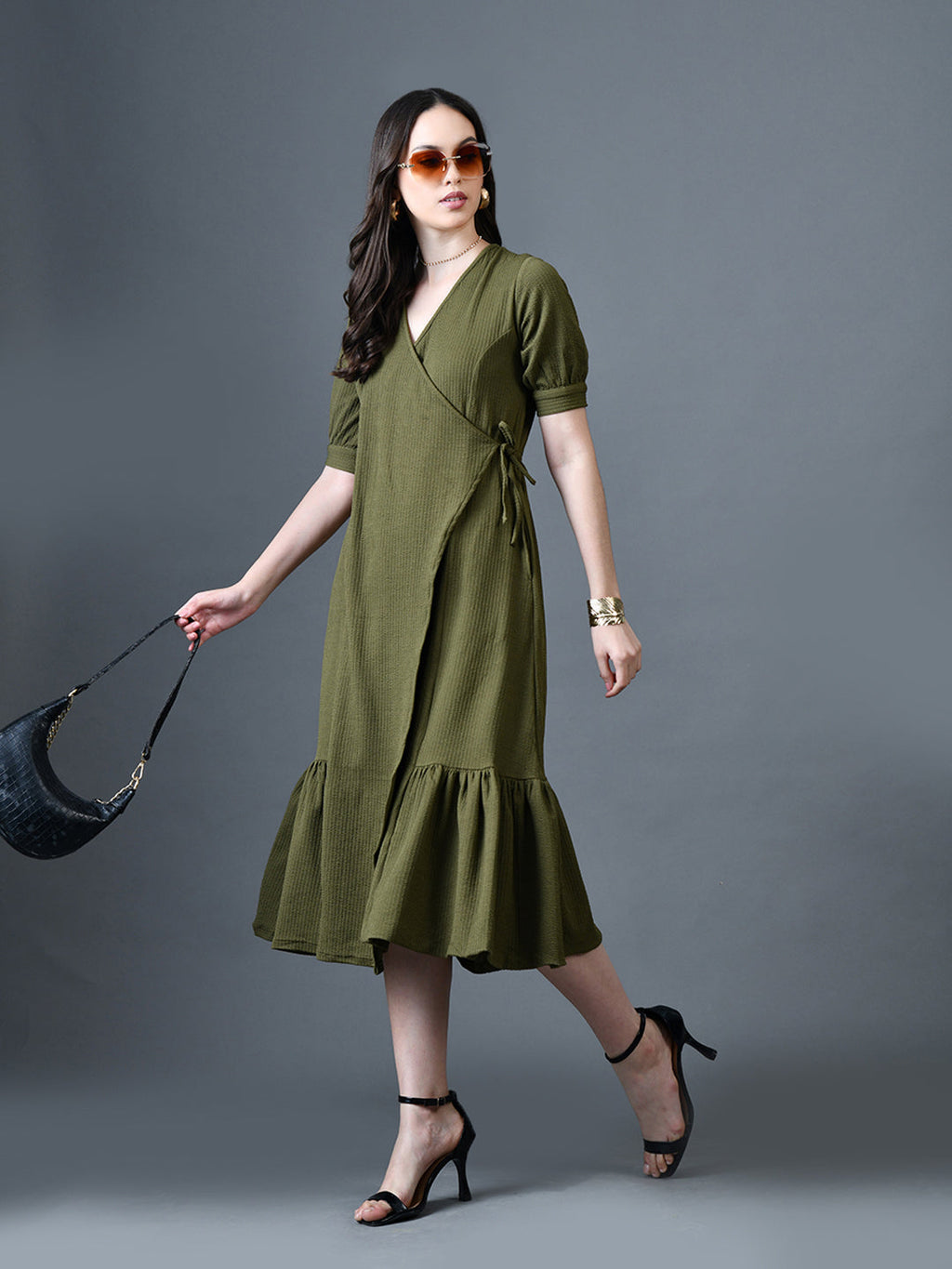Myshka Women Olive Polyester A-Line V-Neck Solid Knee Length Short Sleeves Dresses - Distacart