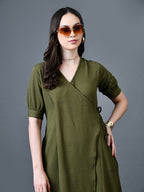 Myshka Women Olive Polyester A-Line V-Neck Solid Knee Length Short Sleeves Dresses - Distacart