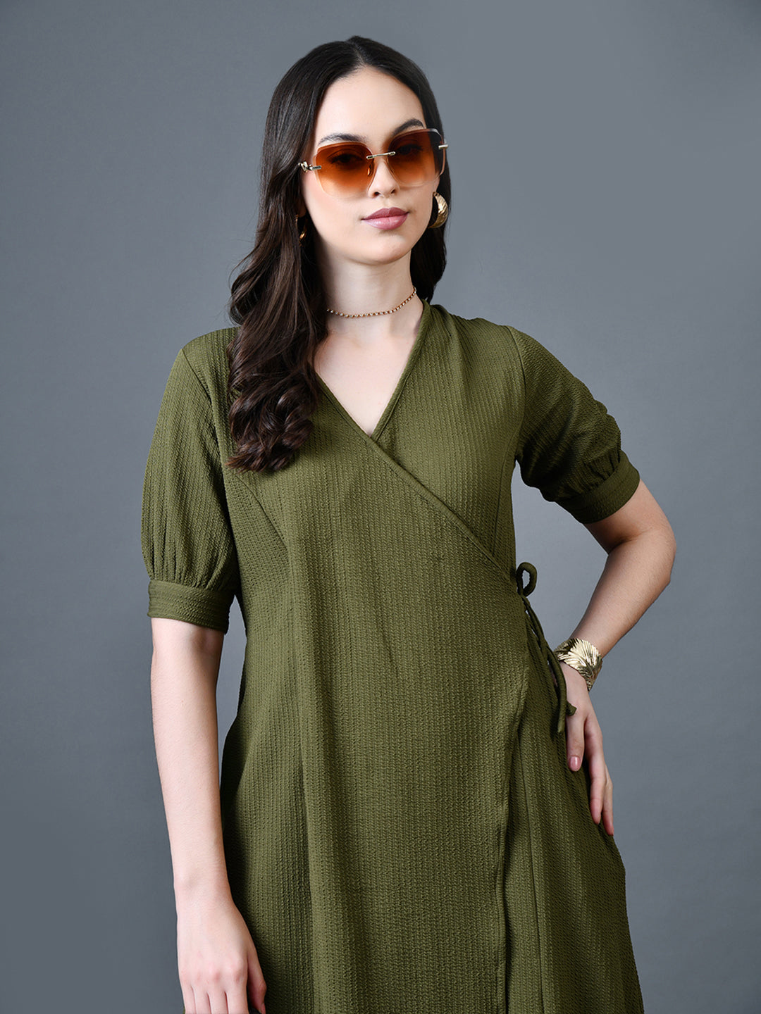 Myshka Women Olive Polyester A-Line V-Neck Solid Knee Length Short Sleeves Dresses - Distacart