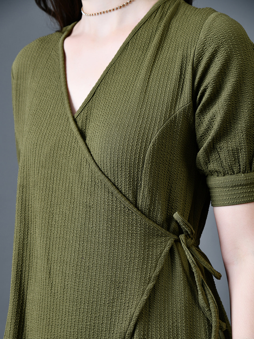Myshka Women Olive Polyester A-Line V-Neck Solid Knee Length Short Sleeves Dresses - Distacart