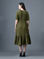 Myshka Women Olive Polyester A-Line V-Neck Solid Knee Length Short Sleeves Dresses - Distacart