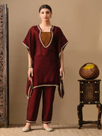 Myshka Maroon Silk Blend Kaftan Sweetheart Neck Short Sleeves Kurta Trousers With Dupatta