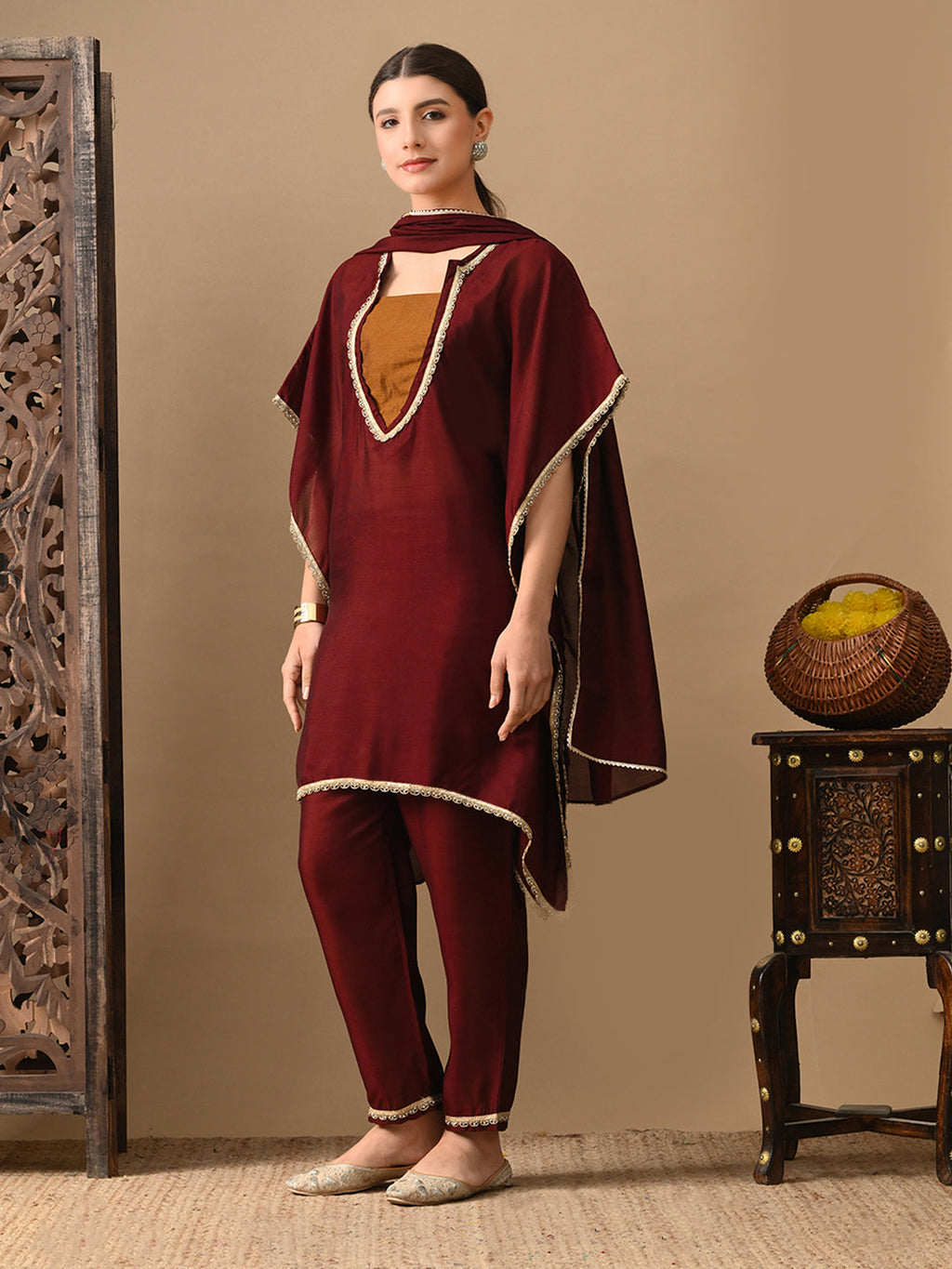 Myshka Maroon Silk Blend Kaftan Sweetheart Neck Short Sleeves Kurta Trousers With Dupatta