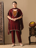 Myshka Maroon Silk Blend Kaftan Sweetheart Neck Short Sleeves Kurta Trousers With Dupatta