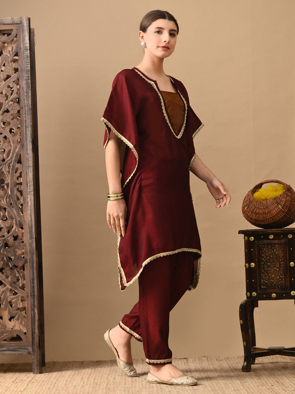 Myshka Maroon Silk Blend Kaftan Sweetheart Neck Short Sleeves Kurta Trousers With Dupatta