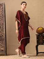 Myshka Maroon Silk Blend Kaftan Sweetheart Neck Short Sleeves Kurta Trousers With Dupatta