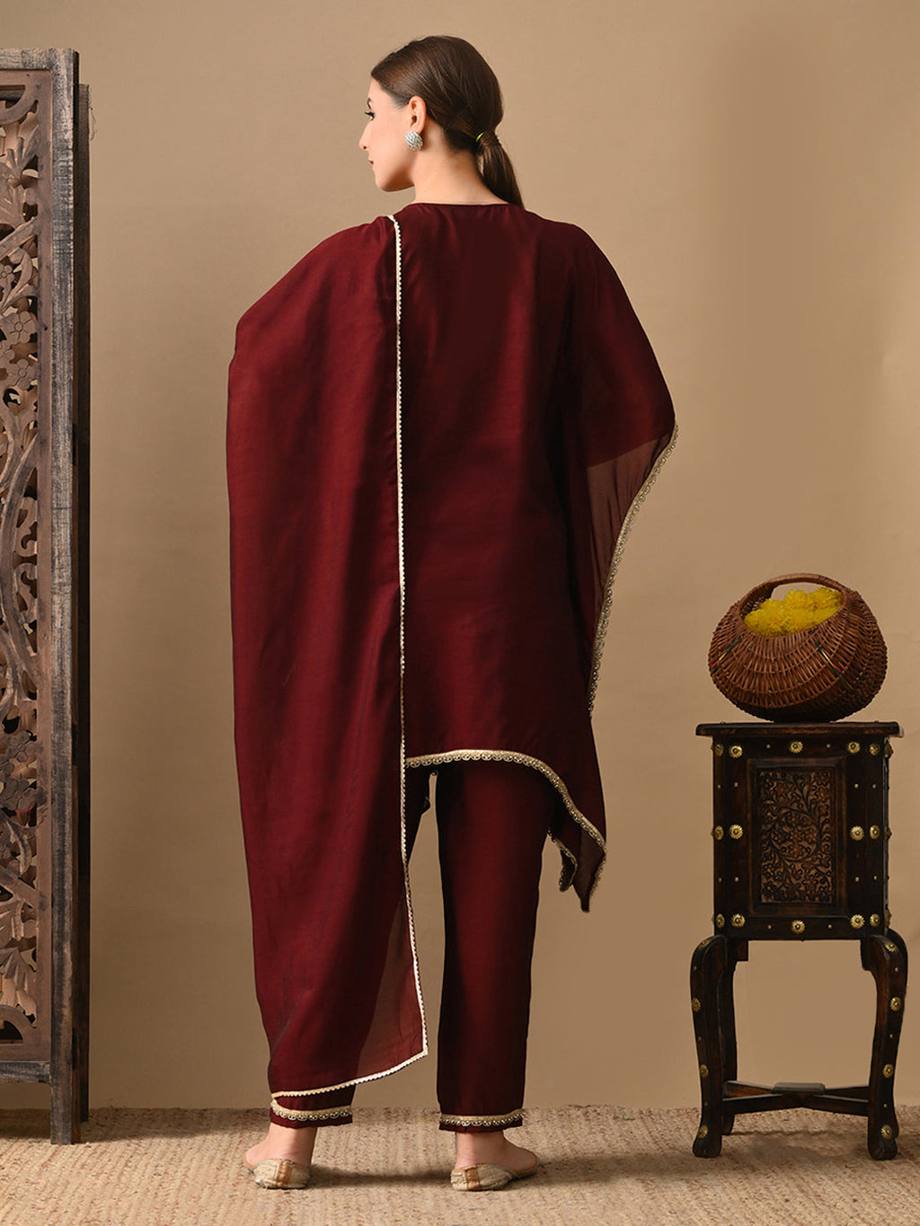 Myshka Maroon Silk Blend Kaftan Sweetheart Neck Short Sleeves Kurta Trousers With Dupatta