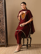 Myshka Maroon Silk Blend Kaftan Sweetheart Neck Short Sleeves Kurta Trousers With Dupatta