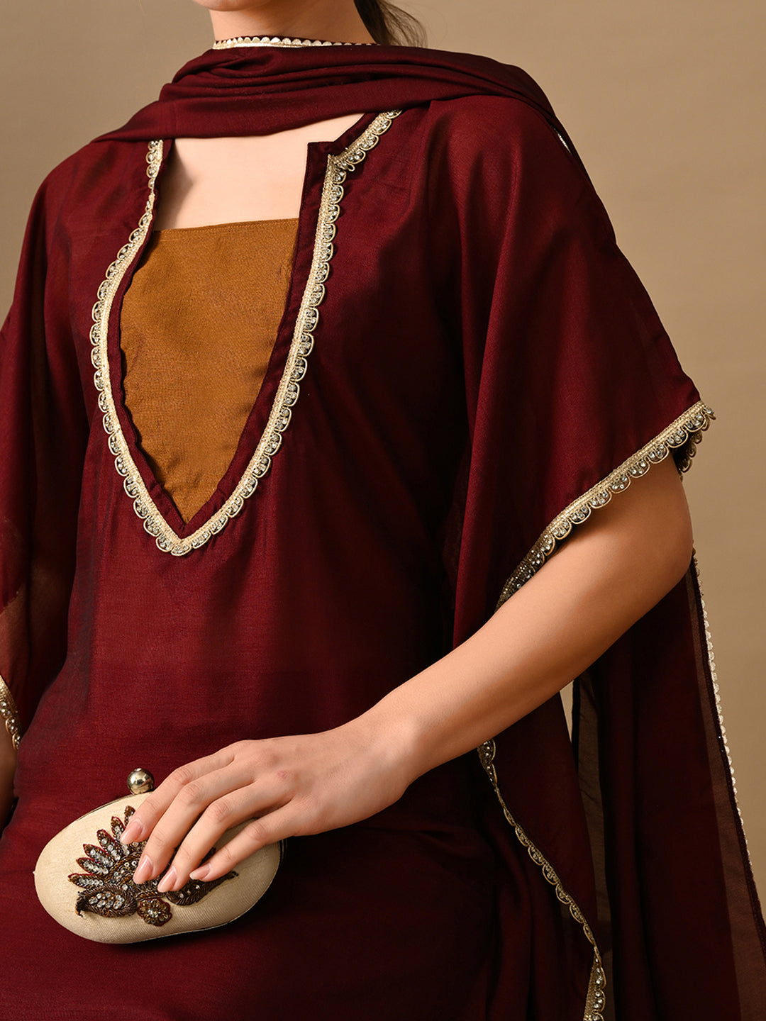 Myshka Maroon Silk Blend Kaftan Sweetheart Neck Short Sleeves Kurta Trousers With Dupatta