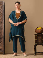 Myshka Green Silk Blend Kaftan Sweetheart Neck Short Sleeves Kurta Trousers With Dupatta