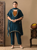 Myshka Green Silk Blend Kaftan Sweetheart Neck Short Sleeves Kurta Trousers With Dupatta