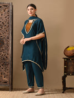 Myshka Green Silk Blend Kaftan Sweetheart Neck Short Sleeves Kurta Trousers With Dupatta