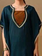 Myshka Green Silk Blend Kaftan Sweetheart Neck Short Sleeves Kurta Trousers With Dupatta