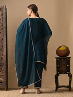 Myshka Green Silk Blend Kaftan Sweetheart Neck Short Sleeves Kurta Trousers With Dupatta