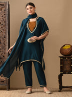 Myshka Green Silk Blend Kaftan Sweetheart Neck Short Sleeves Kurta Trousers With Dupatta